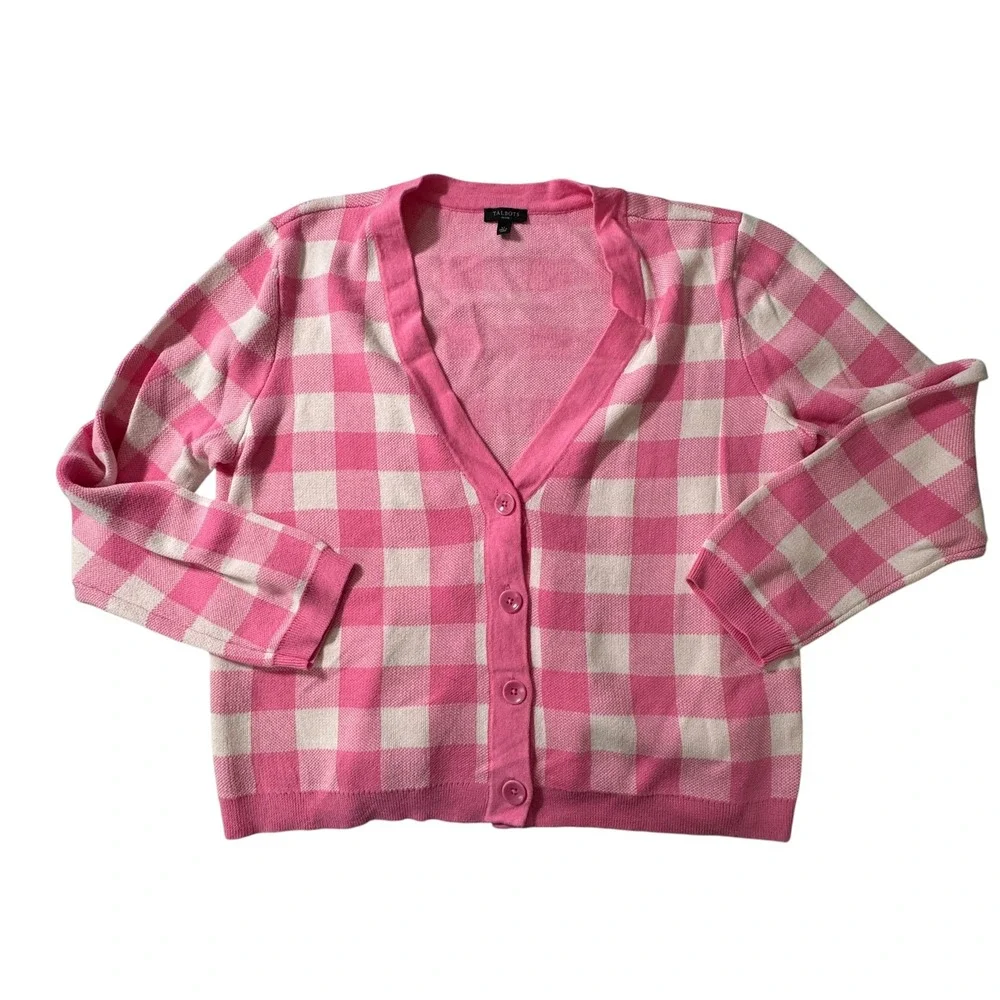 Talbots Petite Pink Gingham Buffalo Check Button Front Cardigan Sweater LP